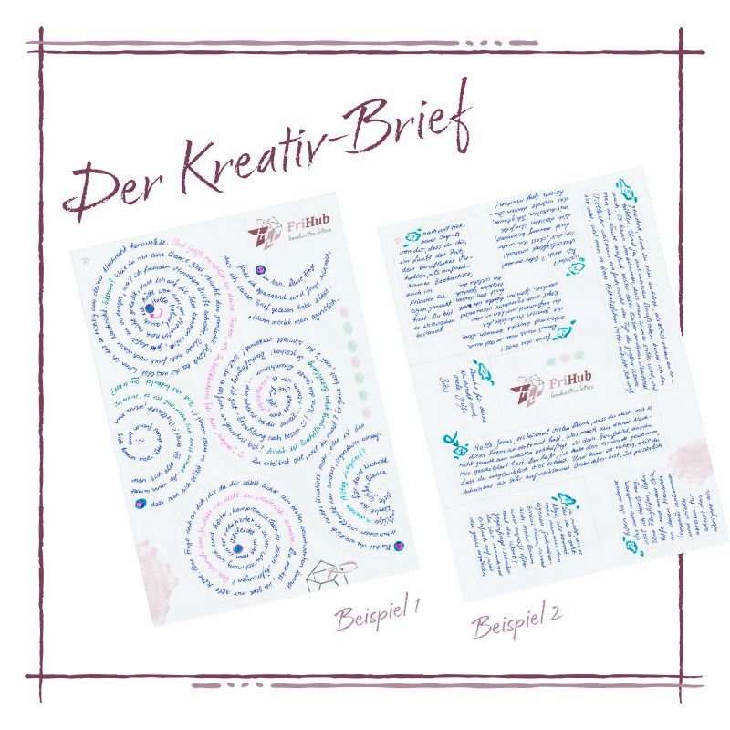 Beispiel-Darstellung des "Kreativ-Briefes" – in Spiralen geschrieben oder einzelnen, über die Seite verteilten Blöcken