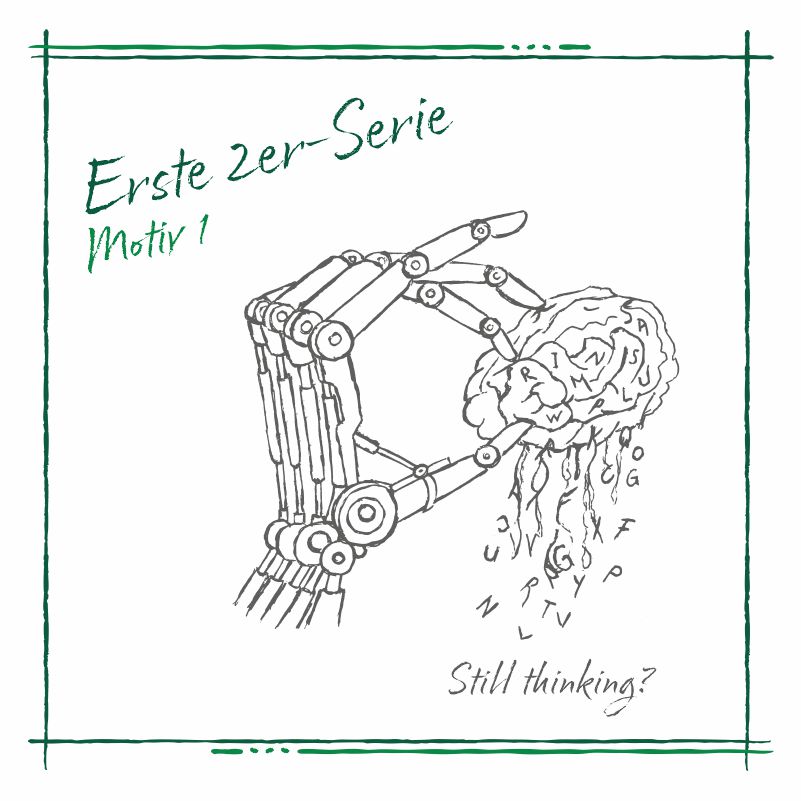 story2wear Darstellung der ersten 2er-Serien Idee - das erste Motiv: ein menschliches Gehirn, das von einer Cyberhand gehalten wird und aus dem Buchstaben heraustropfen