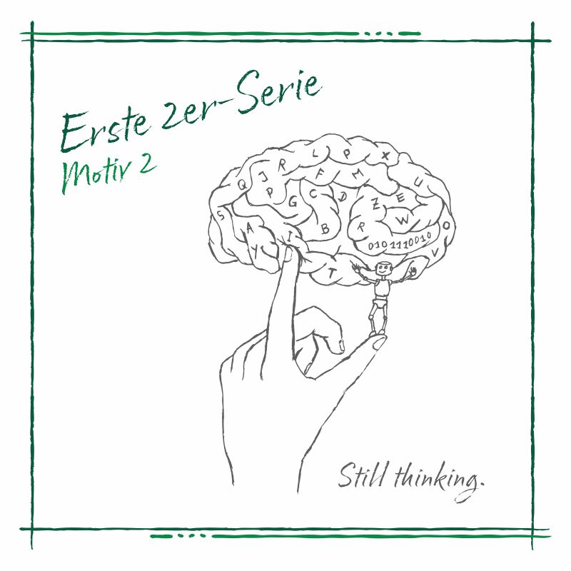 story2wear Darstellung der ersten 2er-Serien Idee - das zweite Motiv: ein menschliches Gehirn, das auf dem Zeigefinger einer menschlichen Hand balanciert und zusätzlich von einem kleinen Roboter gehalten wird mit dem Schriftzug "Still thinking."